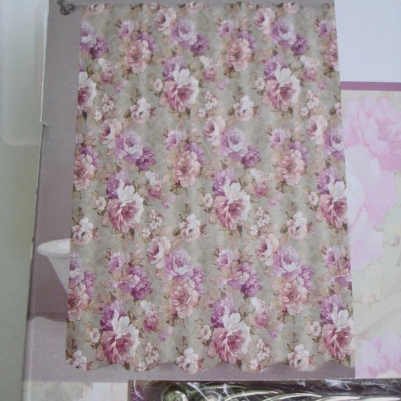 NEW Floral Shower Curtain Set with Roller Ball Beaded Rings Beige Floral Cottage - Picture 2 of 6